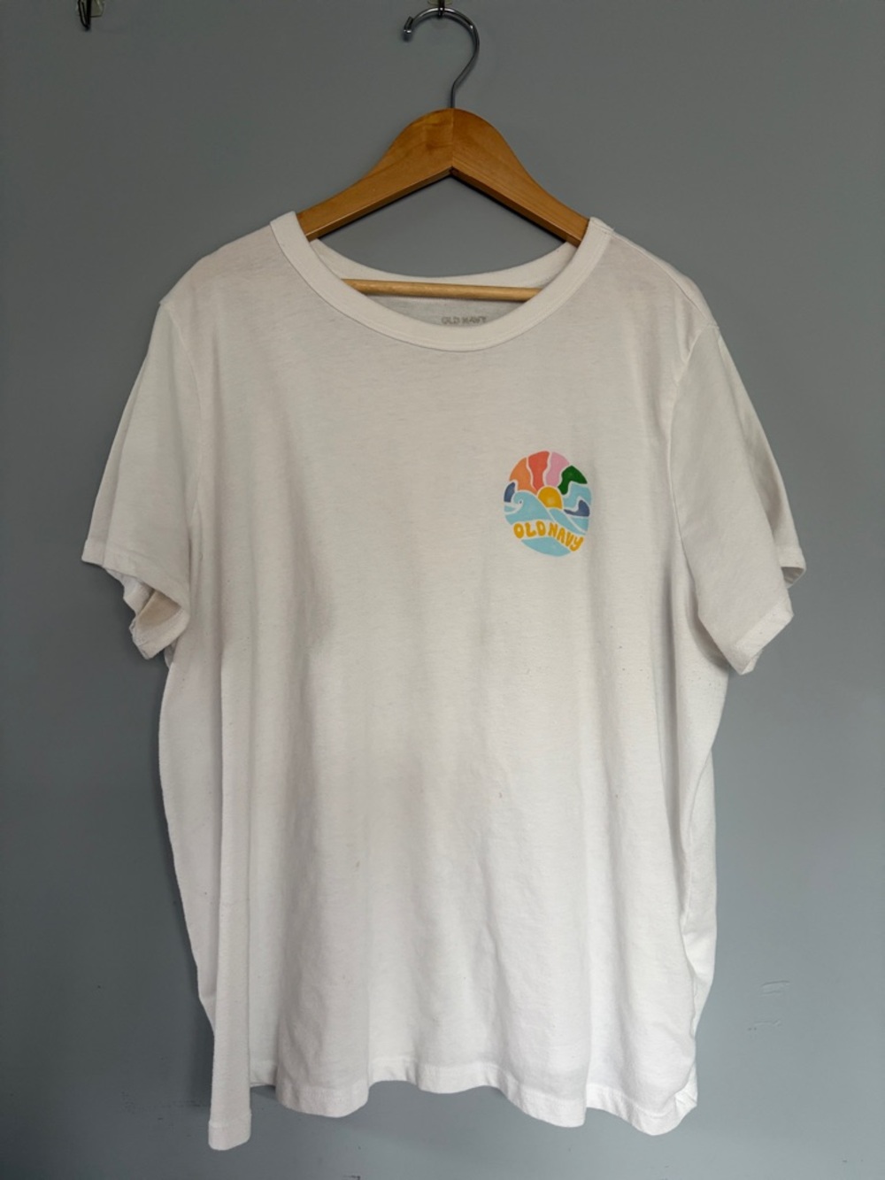 Old Navy White Tee with Rainbow Sun Wave Patch